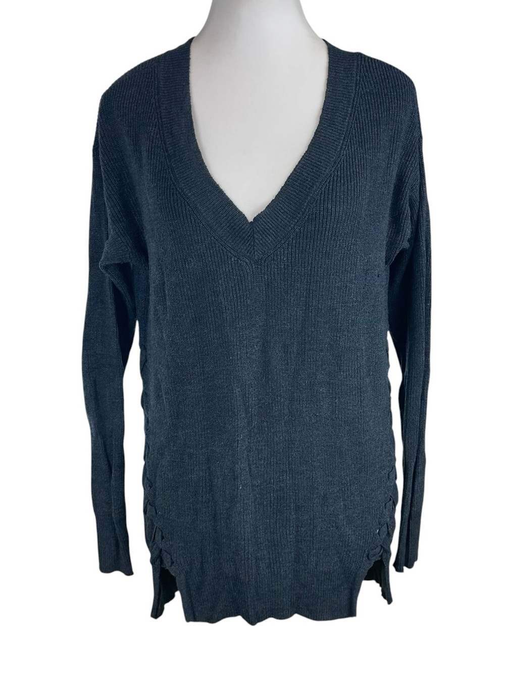 American Eagle Outfitters Dark Charcoal V-Neck Lace-Side Sweater